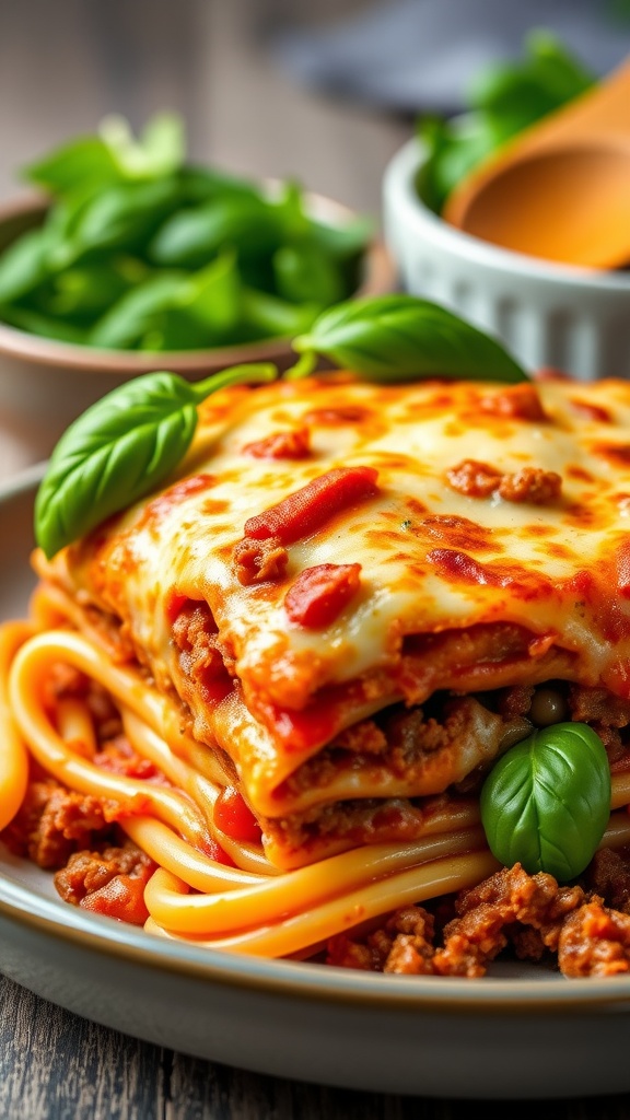 A delicious bowl of lasagna helper with layers of beef, pasta, and cheese, garnished with basil.